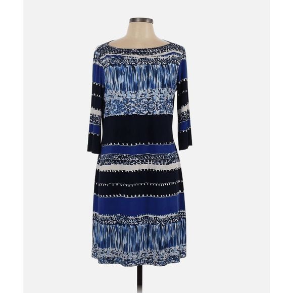 Donna Morgan 🐾 BOHO Sheath Dress Navy Blue White STRETCH 1/2 Sleeve Size 16 - Picture 1 of 7